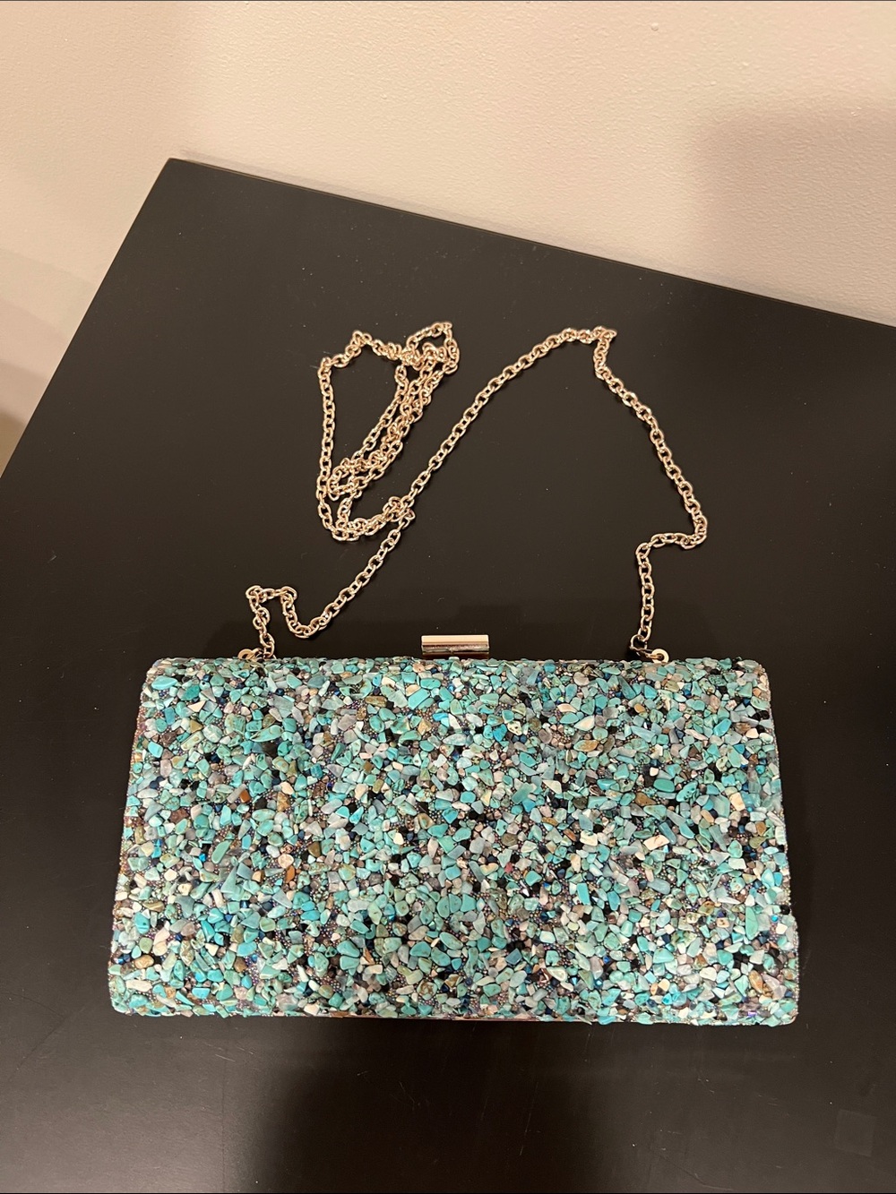 Natasha Couture Turquoise Beaded Clutch with Gold Chain